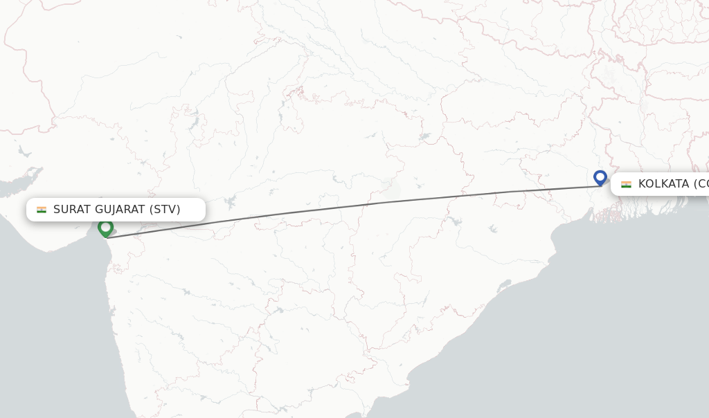 Flights from Surat Gujarat to Kolkata route map