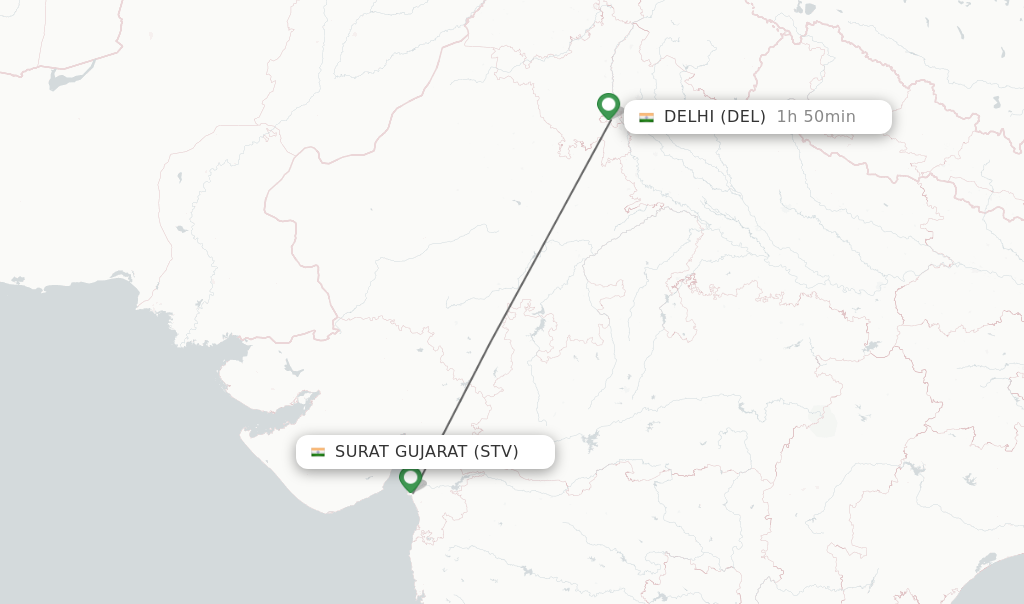 Flights from Surat Gujarat to Delhi route map