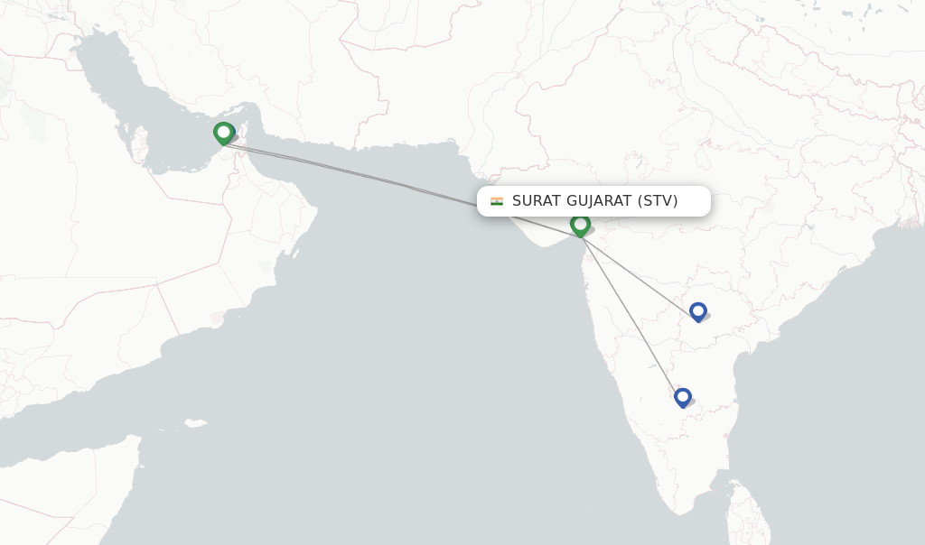 Route map with flights from Surat Gujarat with Air India Express