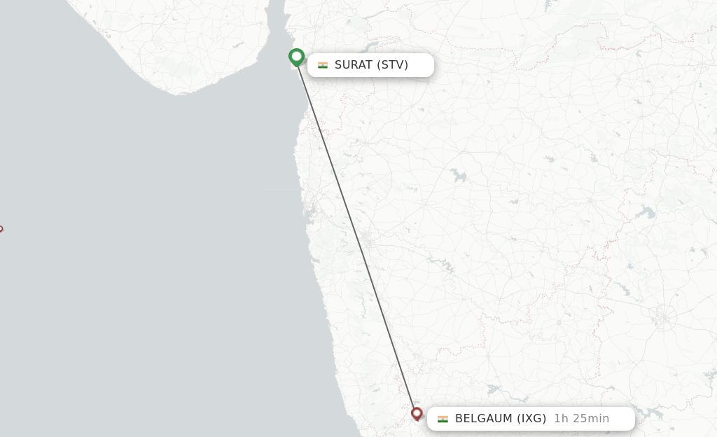Flights from Surat Gujarat to Belgaum route map