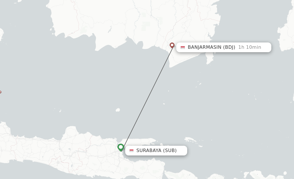 Flights from Surabaya to Banjarmasin route map