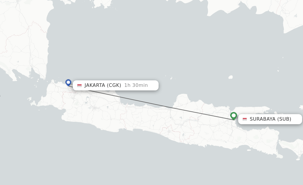 Flights from Surabaya to Jakarta route map