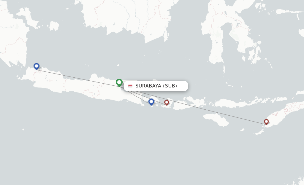 Route map with flights from Surabaya with Garuda Indonesia