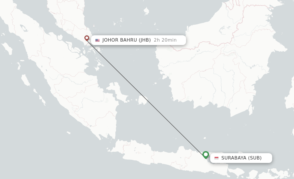 Flights from Surabaya to Johor Bharu route map