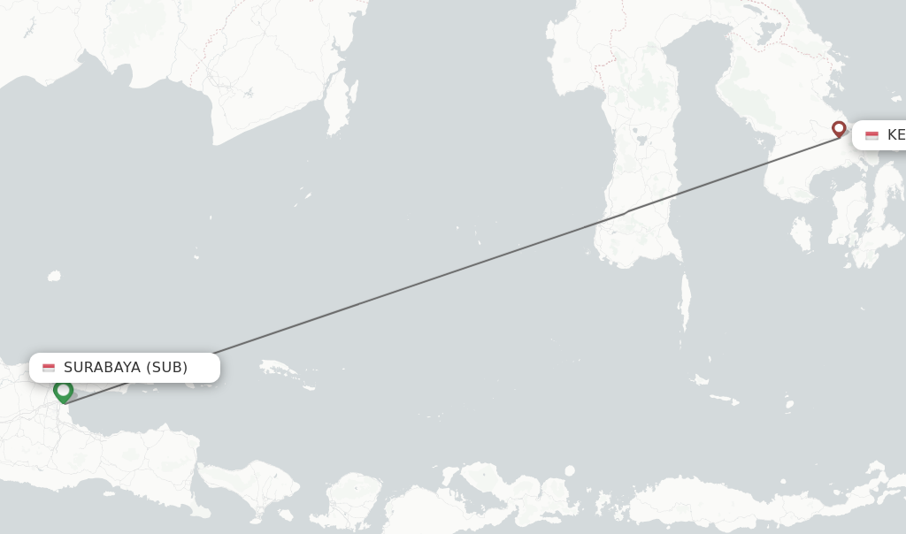 Flights from Surabaya to Kendari route map