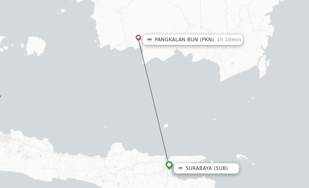 Flights from Surabaya to Pangkalanbun route map