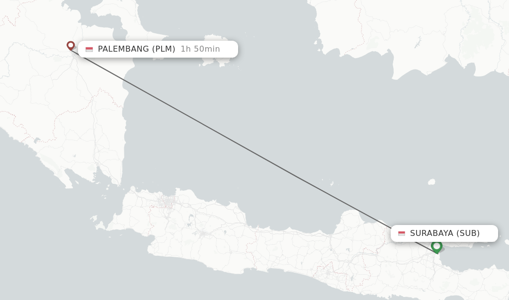 Flights from Surabaya to Palembang route map