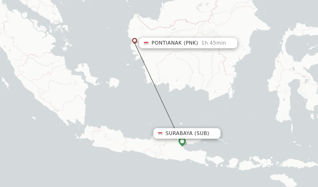 Flights from Surabaya to Pontianak route map