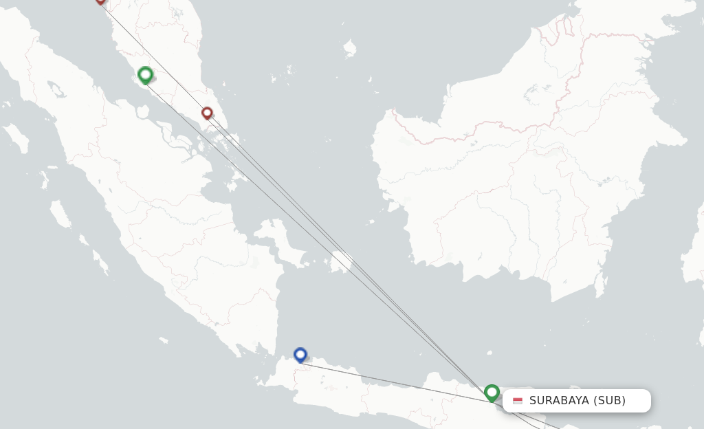 Route map with flights from Surabaya with Indonesia AirAsia