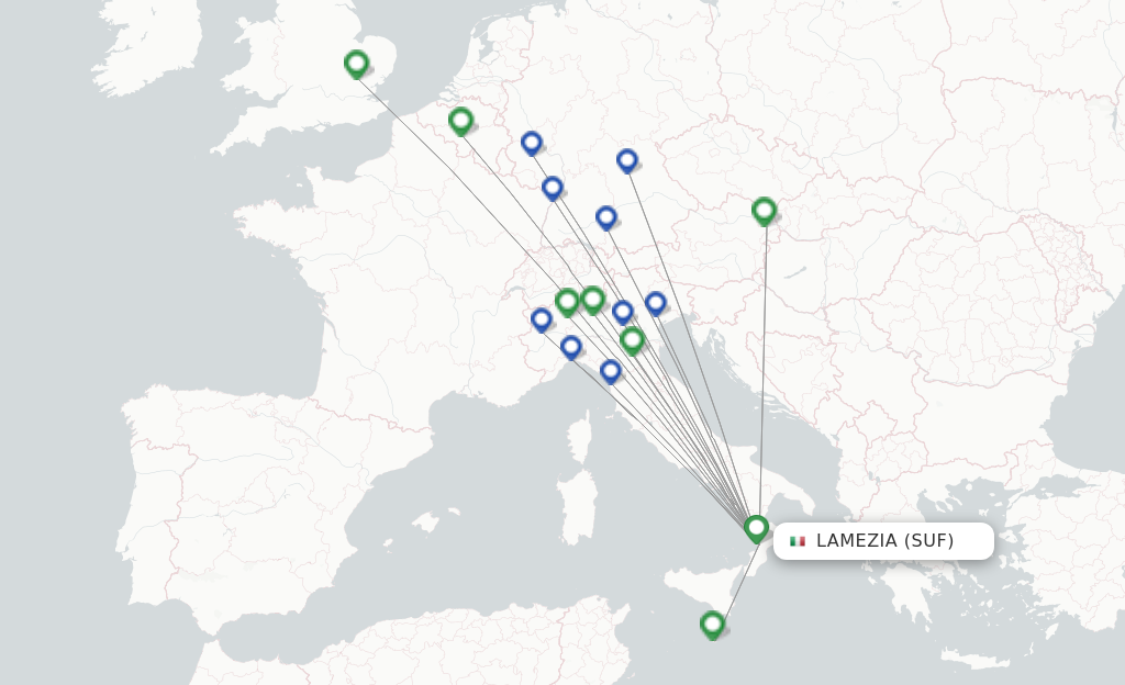 Route map with flights from Lamezia with Ryanair