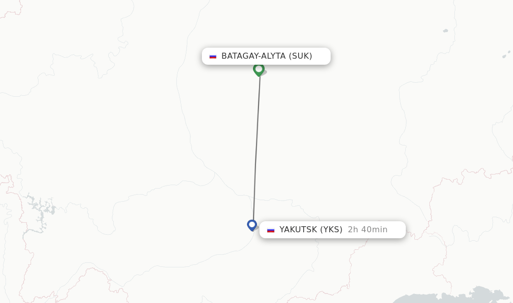 Flights from Batagay-Alyta to Yakutsk route map