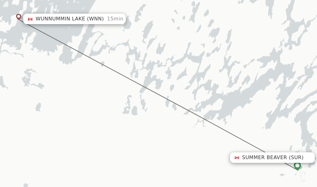 Flights from Summer Beaver to Wunnummin Lake route map