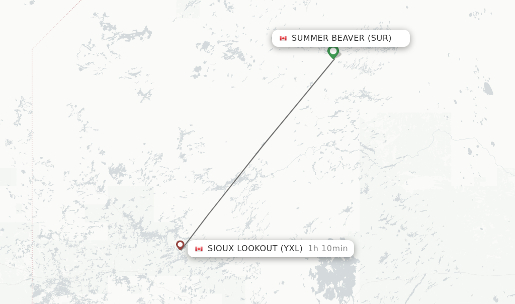 Flights from Summer Beaver to Sioux Lookout route map