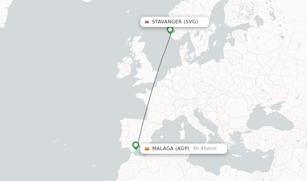 Flights from Stavanger to Malaga route map