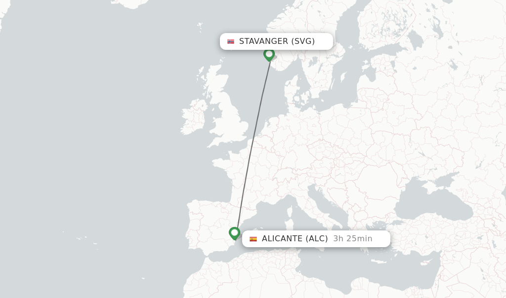 Flights from Stavanger to Alicante route map