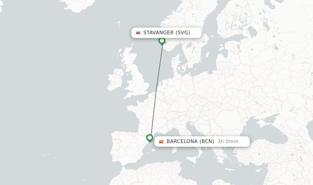 Flights from Stavanger to Barcelona route map