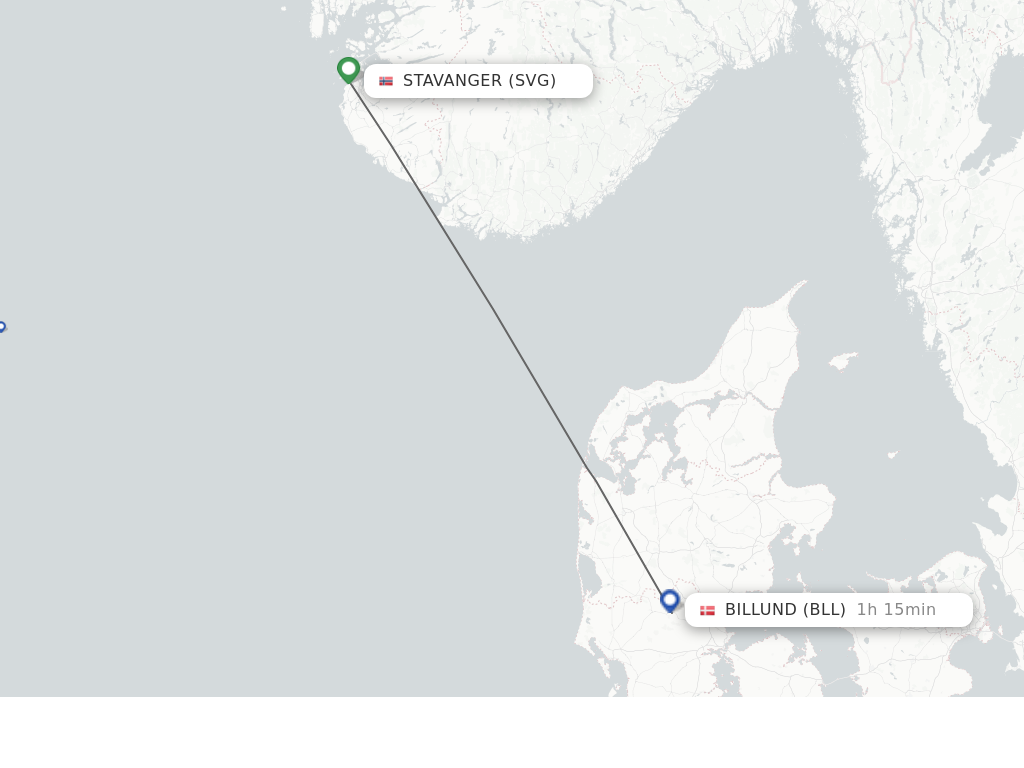 Flights from Stavanger to Billund route map