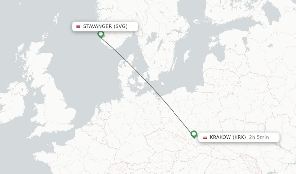 Flights from Stavanger to Krakow route map