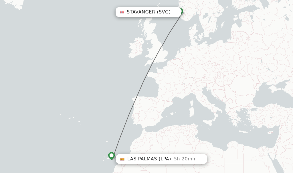 Flights from Stavanger to Las Palmas route map