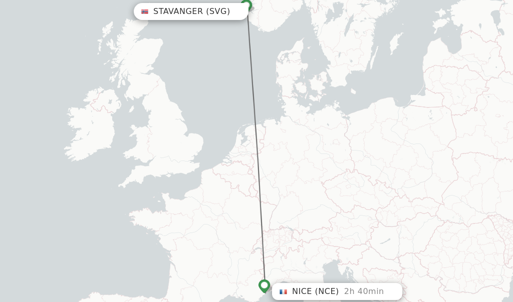 Flights from Stavanger to Nice route map