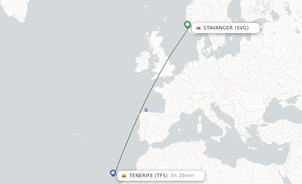 Flights from Stavanger to Tenerife route map