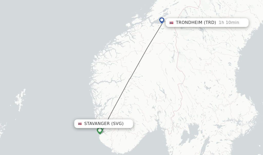 Flights from Stavanger to Trondheim route map