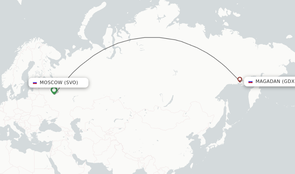 Flights from Moscow to Magadan route map