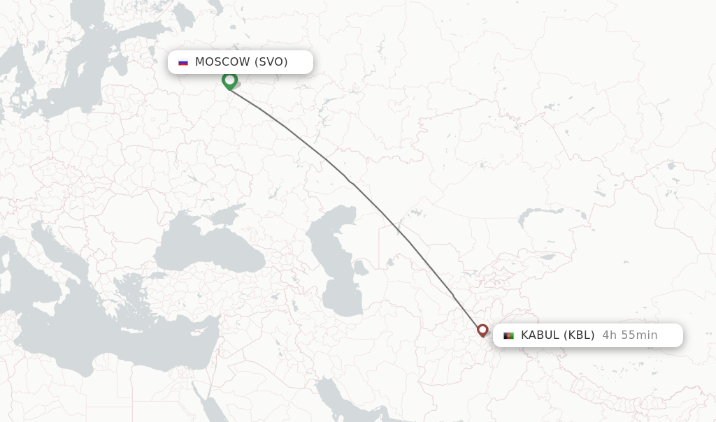 Flights from Moscow to Kabul route map