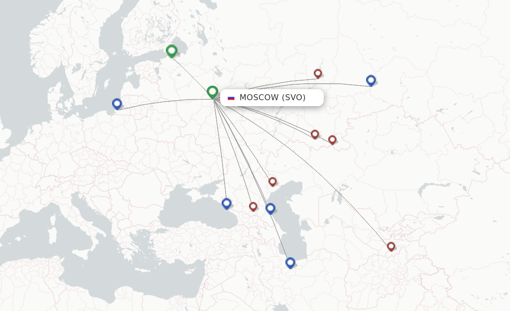 Route map with flights from Moscow with Nordwind Airlines