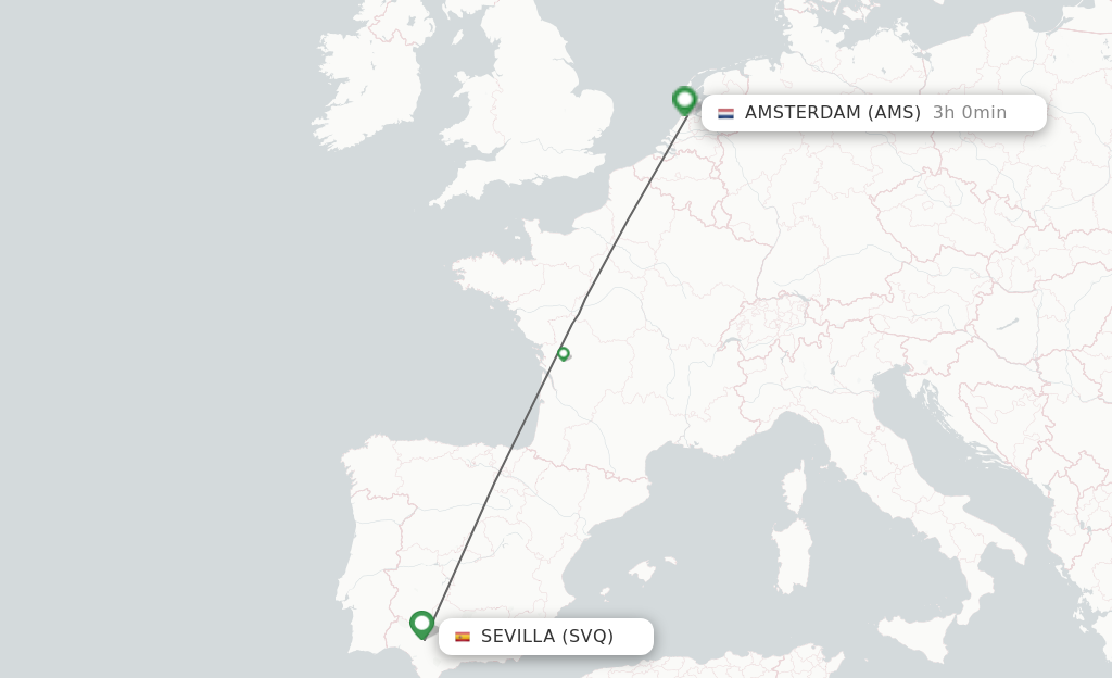 Flights from Sevilla to Amsterdam route map