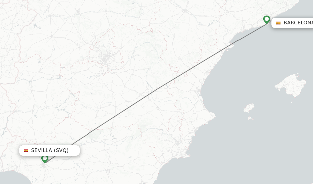 Flights from Sevilla to Barcelona route map