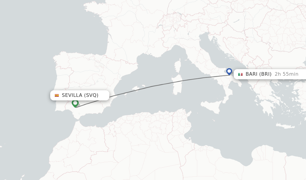 Flights from Sevilla to Bari route map