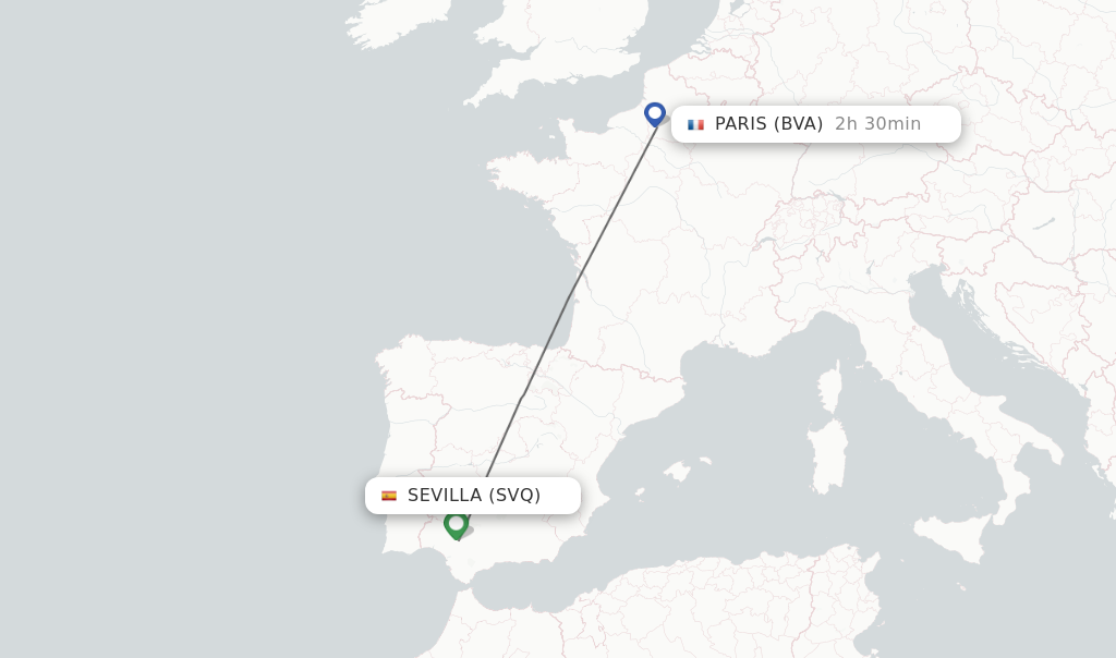 Flights from Sevilla to Paris route map