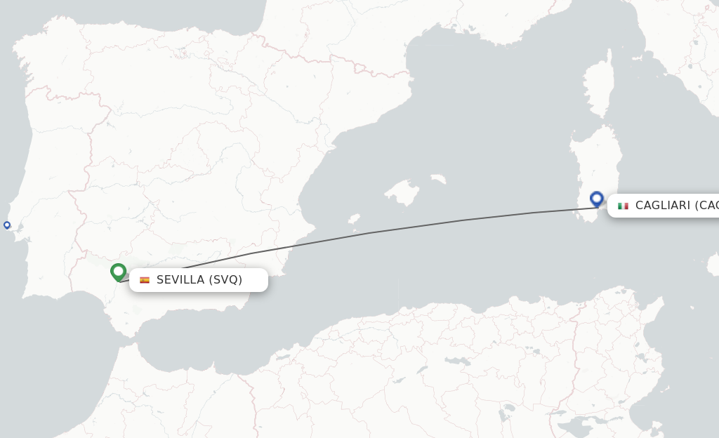 Flights from Sevilla to Cagliari route map