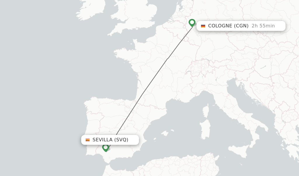 Flights from Sevilla to Cologne route map