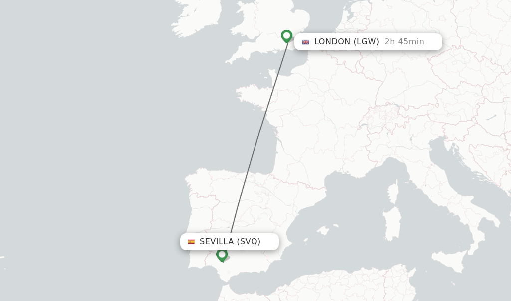 Flights from Sevilla to London route map
