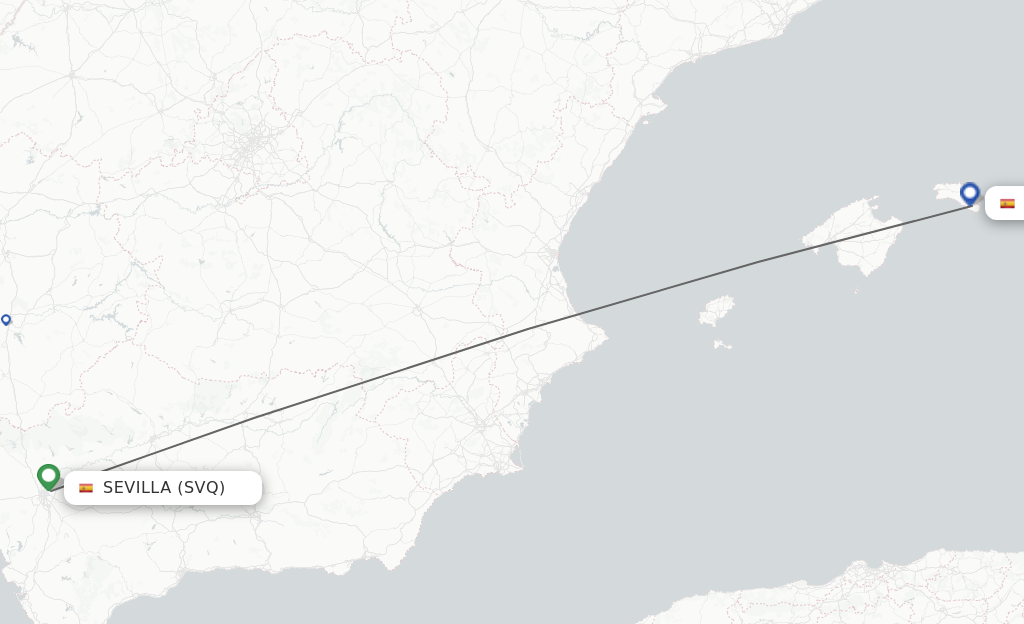 Flights from Sevilla to Menorca route map