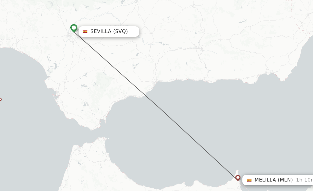 Flights from Sevilla to Melilla route map