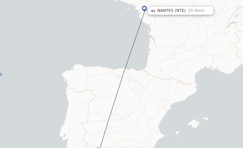 Flights from Sevilla to Nantes route map