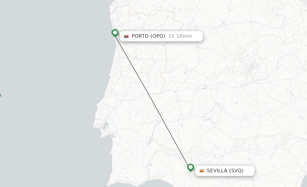 Flights from Sevilla to Porto route map