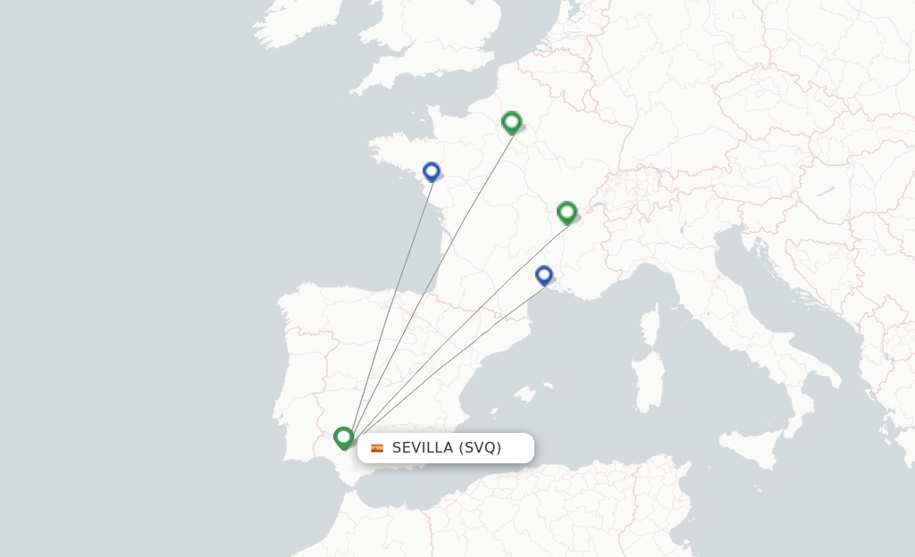 Route map with flights from Sevilla with Transavia France