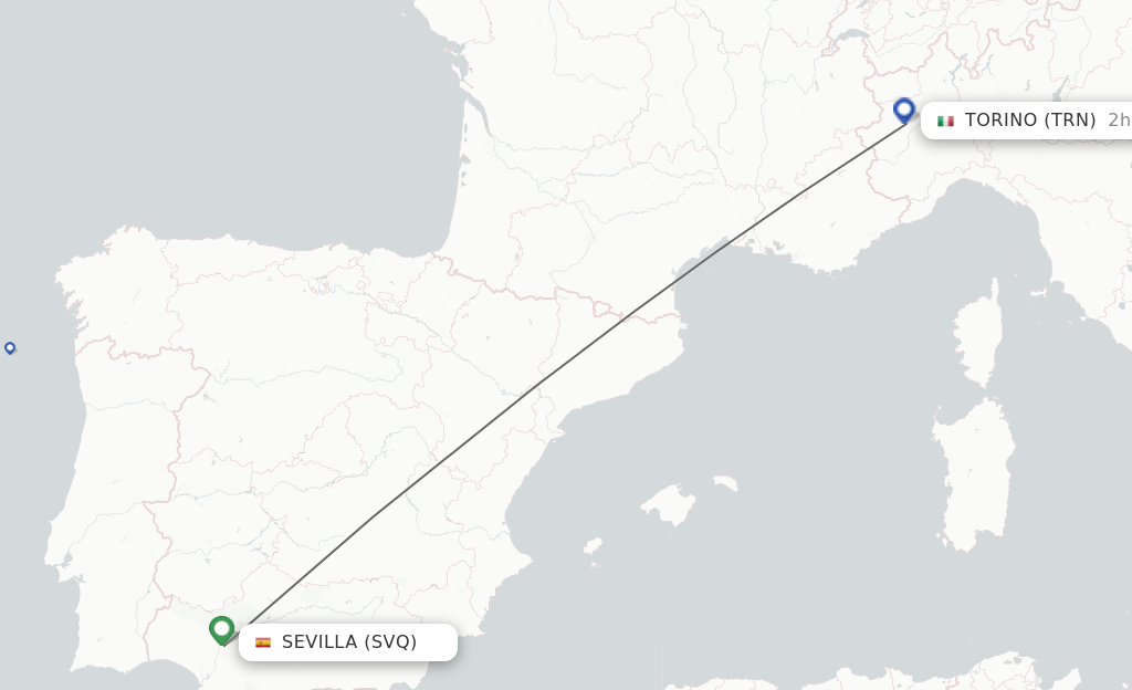 Flights from Sevilla to Turin route map
