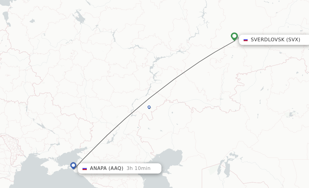 Flights from Yekaterinburg to Anapa route map