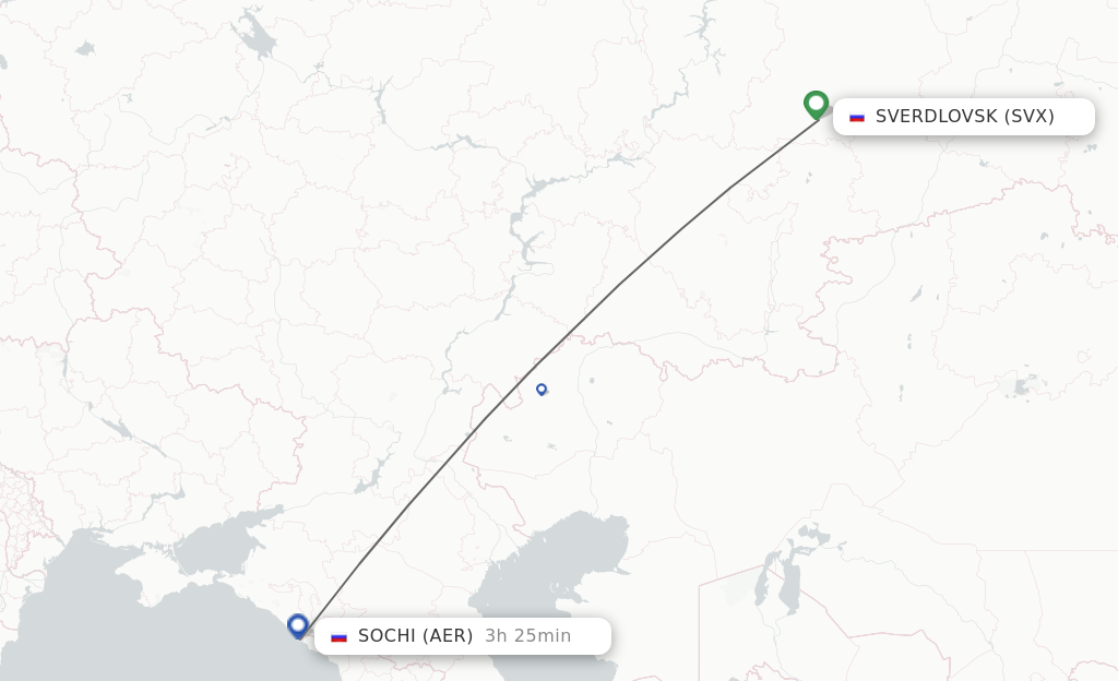 Flights from Yekaterinburg to Adler/Sochi route map