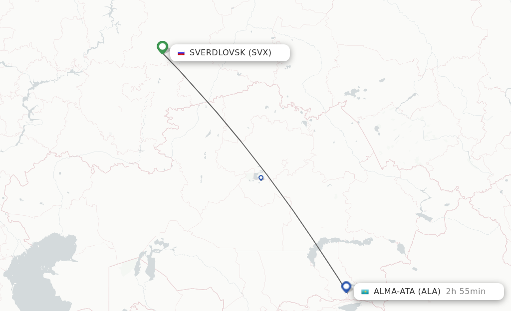 Flights from Yekaterinburg to Almaty route map