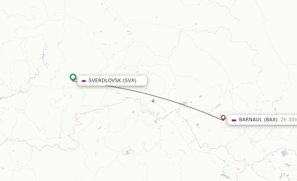 Flights from Yekaterinburg to Barnaul route map