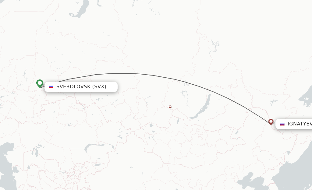 Flights from Yekaterinburg to Blagoveschensk route map