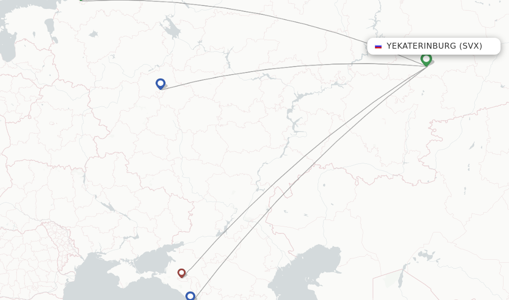 Route map with flights from Yekaterinburg with Pobeda