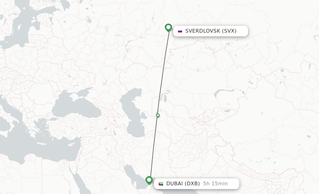 Flights from Yekaterinburg to Dubai route map
