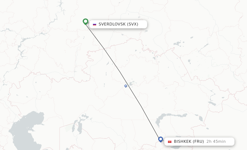 Flights from Yekaterinburg to Bishkek route map